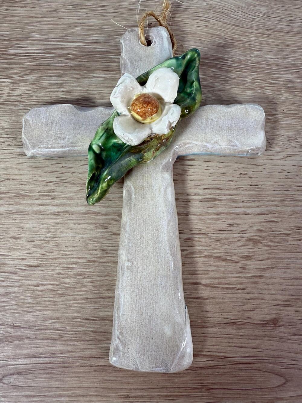 Ceramic Wall Cross, White Flower & Green Leaf, Ballyhoo Hanging Wall Art